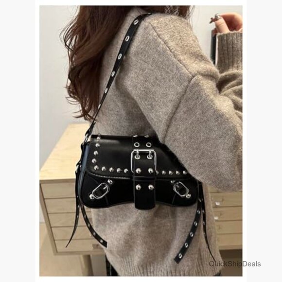 PU Leather Shoulder Bag Punk Rivet Flap Studded Vintage Handbag - Picture 2 of 5
